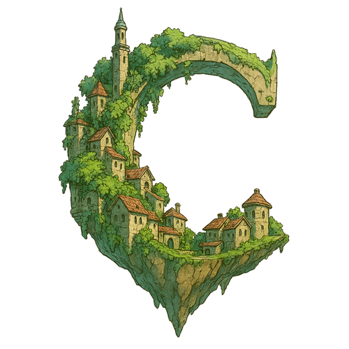 Floating island with buildings built into it in the shape of the letter C